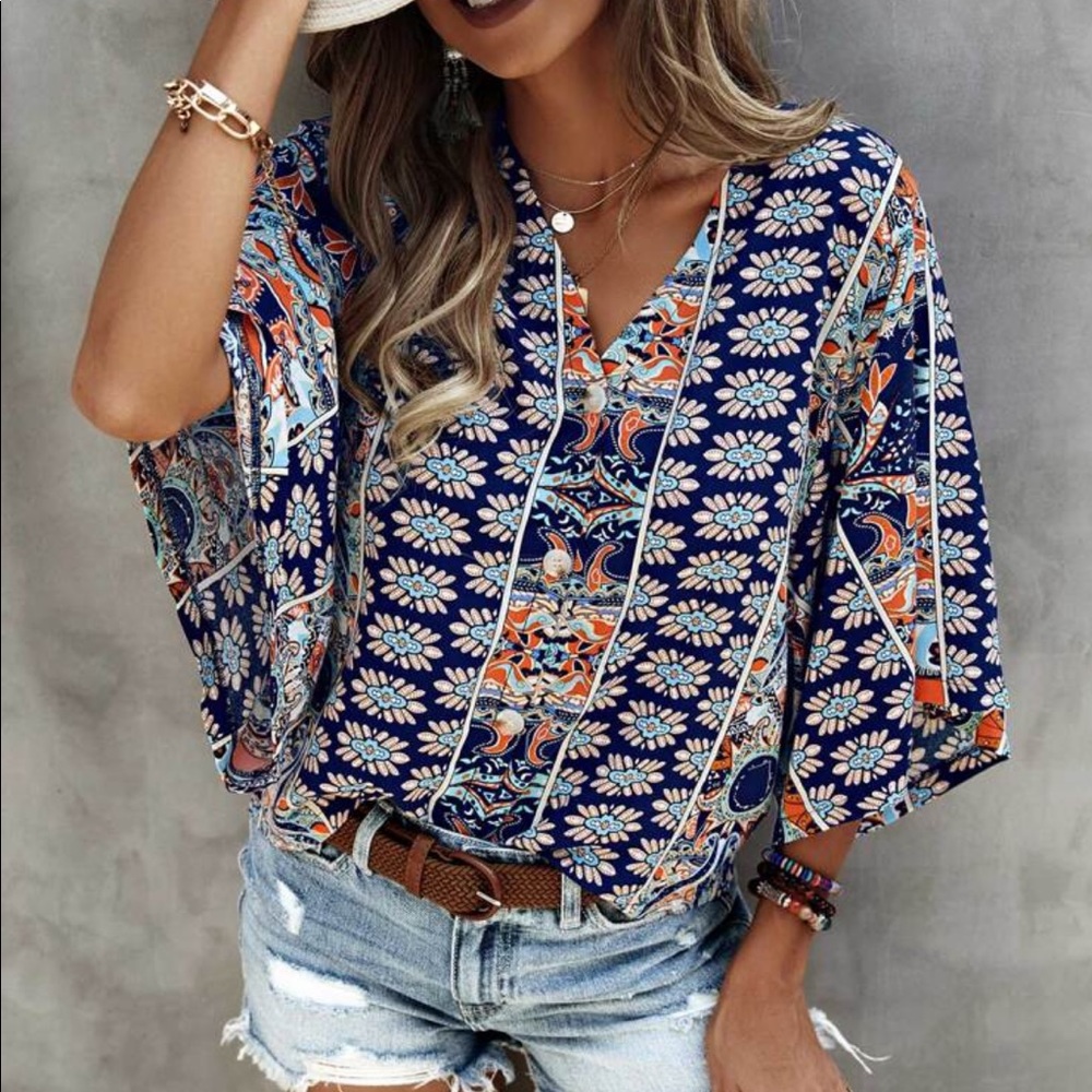 Boho paisley Print Batwing Top Blouse - Picture 5 of 7